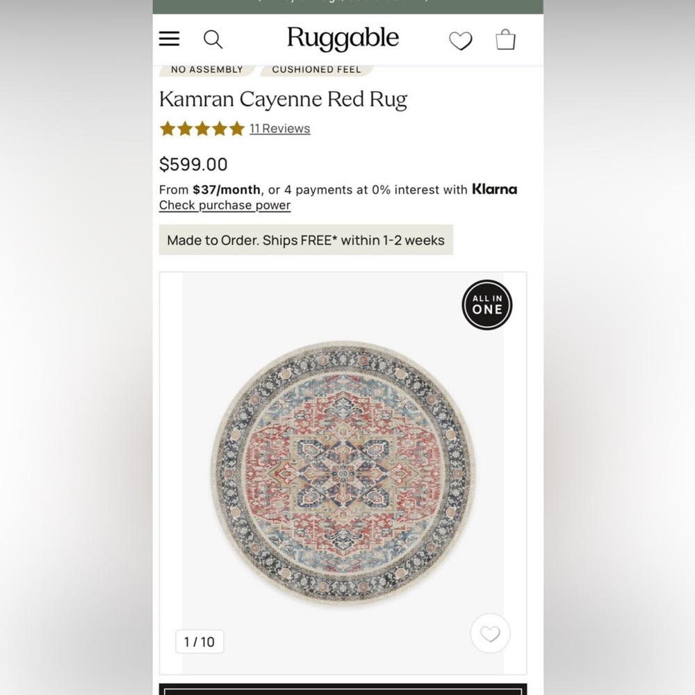 Ruggable “Kamran Cayenne” round washable rug- New!